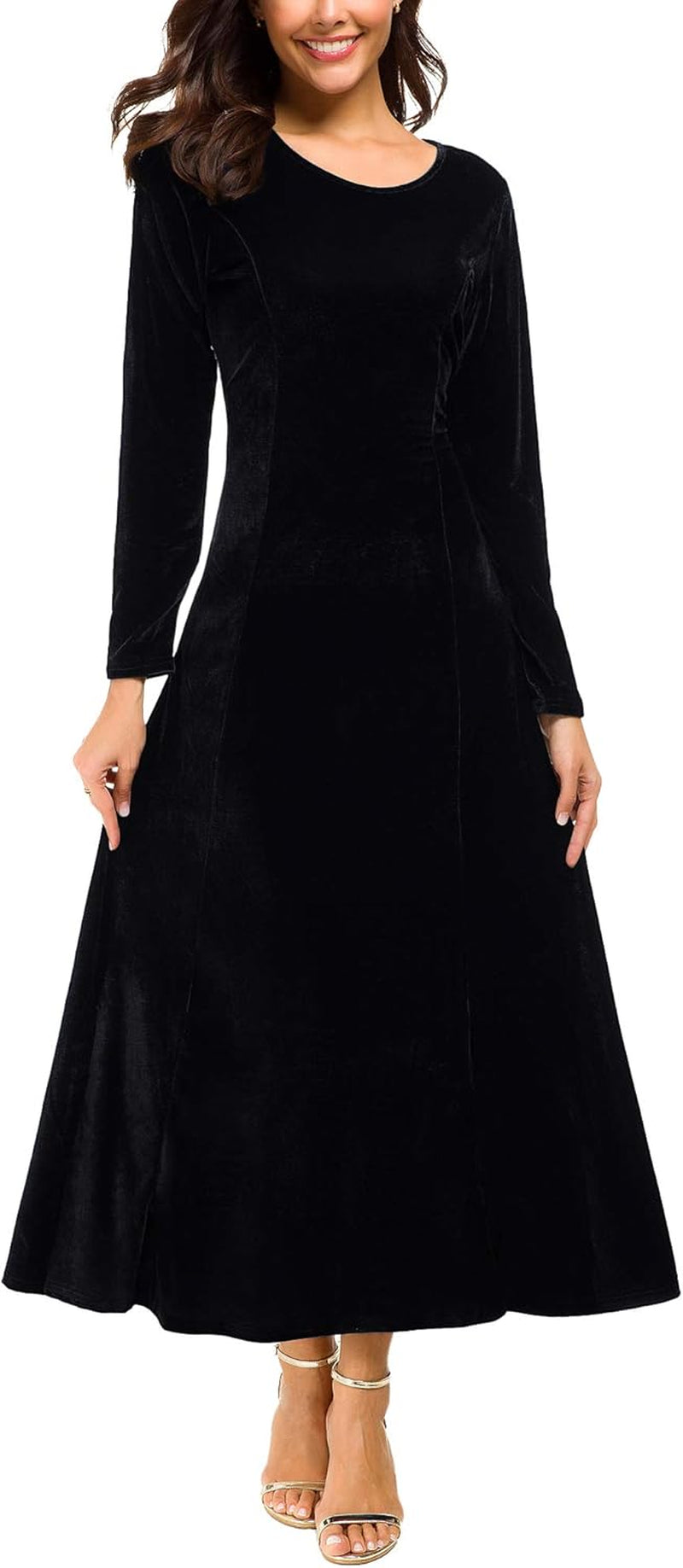 Women'S Elegant Long Sleeve Ruched Velvet Stretchy Long Dress