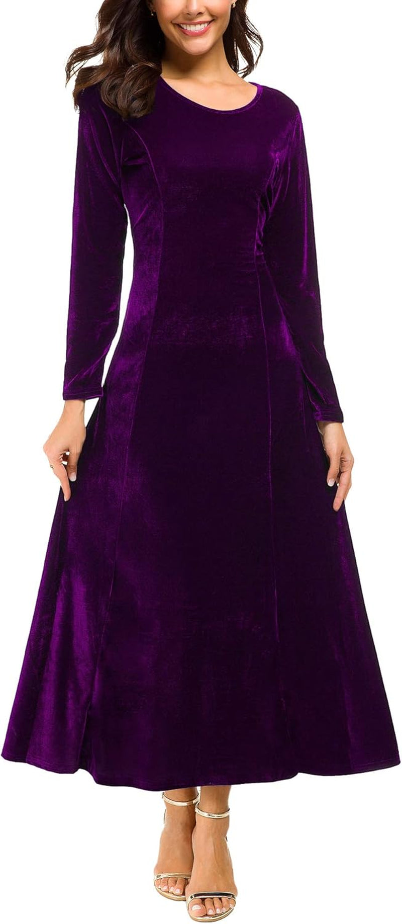 Women'S Elegant Long Sleeve Ruched Velvet Stretchy Long Dress
