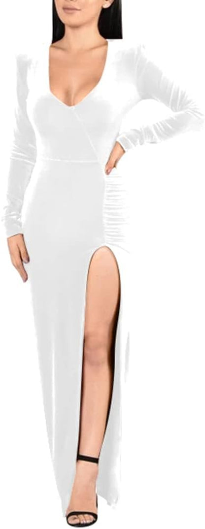 Women'S Sexy Bodycon Long Sleeve Deep V Neck High Slit Cocktail Party Maxi Dresses