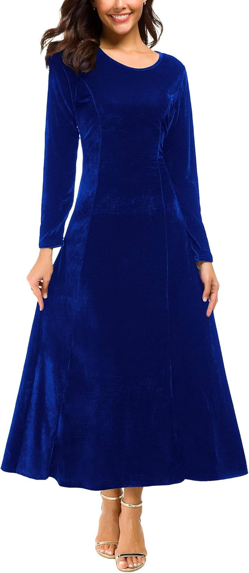Women'S Elegant Long Sleeve Ruched Velvet Stretchy Long Dress